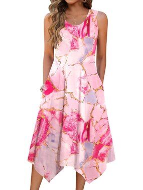 🆕Women's Pink Summer Tank Dress Loose Flowy Beach Dress  Flare Midi Dress